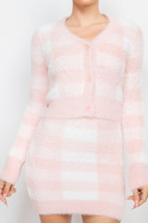 Blush Plaid Button-front Cropped Sweater Cardigan SALE